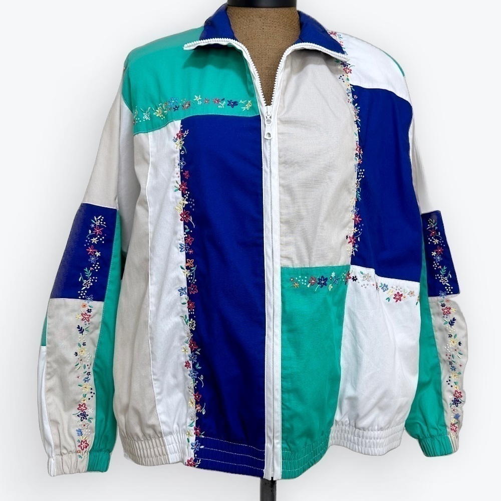 Vintage Retro 90s Floral Embroidered Color Block Full Zip Jacket w/shoulder pads